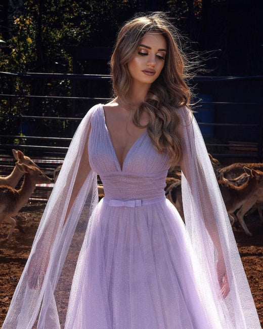 Lilac A-line Long V-Neck Long Sleeves Prom Dresses with Glitter - Prom Dresses - DYAVOR®