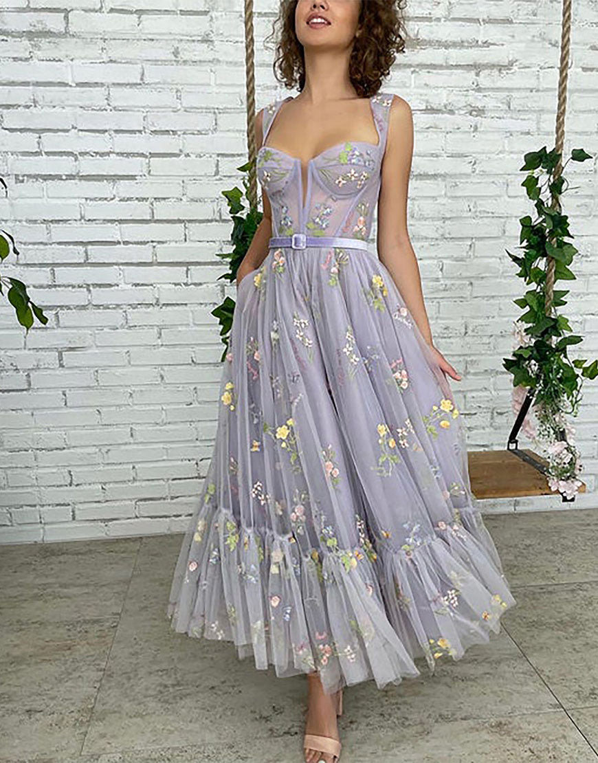 Alicia |A-line Lilac Tea Length Tulle Prom Dress with Embroidery - Prom Dress - DYAVOR®