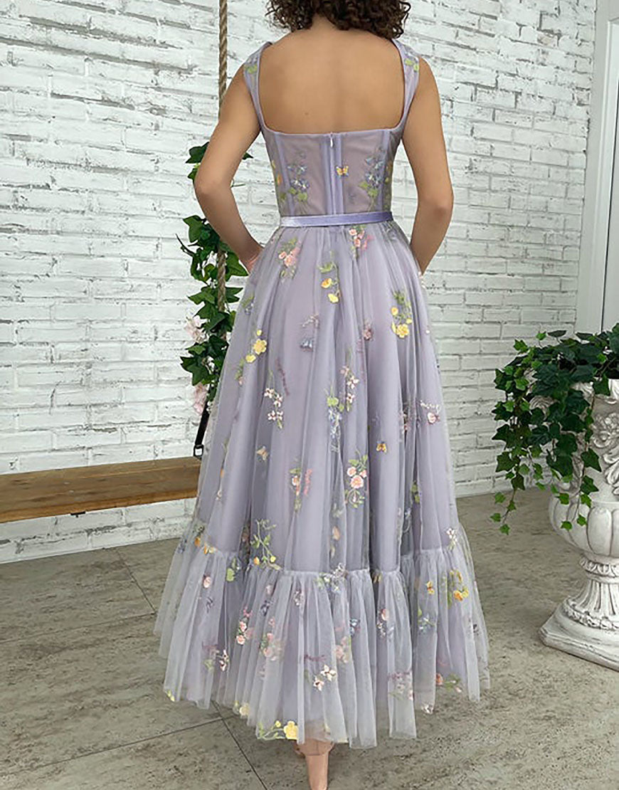 Alicia |A-line Lilac Tea Length Tulle Prom Dress with Embroidery - Prom Dress - DYAVOR®