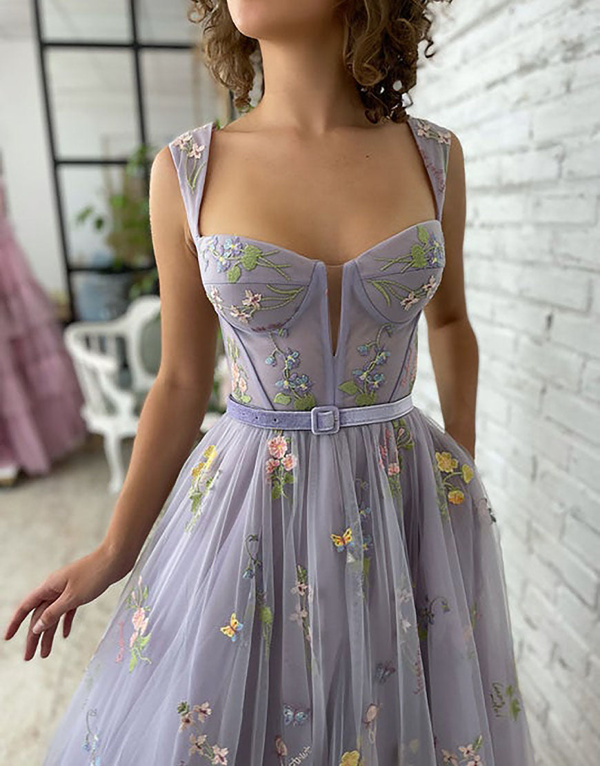 Alicia |A-line Lilac Tea Length Tulle Prom Dress with Embroidery - Prom Dress - DYAVOR®