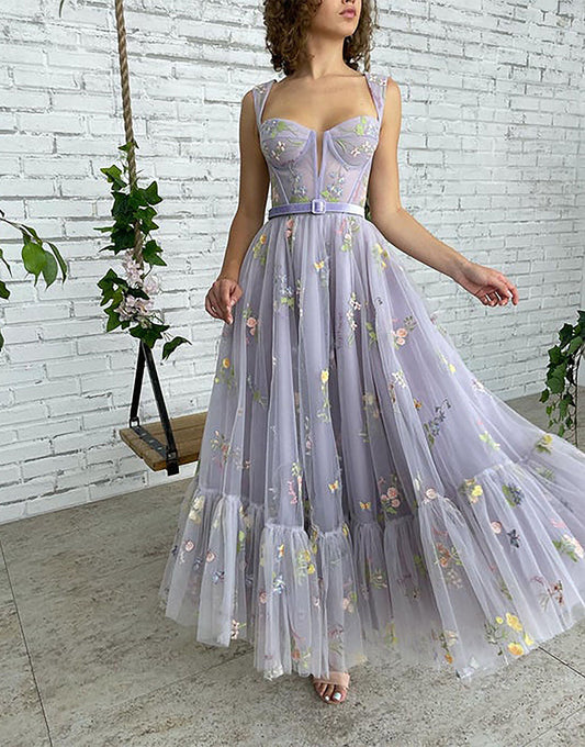 Alicia |A-line Lilac Tea Length Tulle Prom Dress with Embroidery - Prom Dress - DYAVOR®