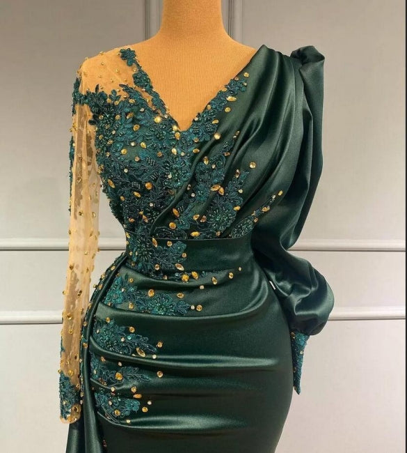 Long Dark Green Elegant Mermaid Prom Dresses with Sleeves - Prom Dresses - DYAVOR®