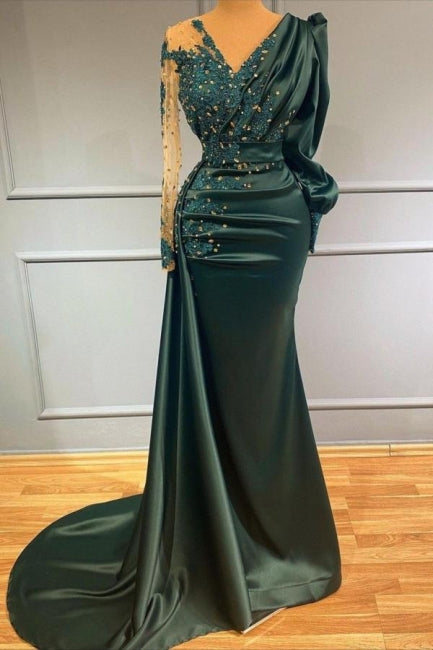 Long Dark Green Elegant Mermaid Prom Dresses with Sleeves - Prom Dresses - DYAVOR®