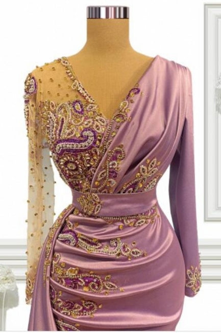 Long Pink Beading Mermaid Prom Dresses With Sleeves - Prom Dresses - DYAVOR®
