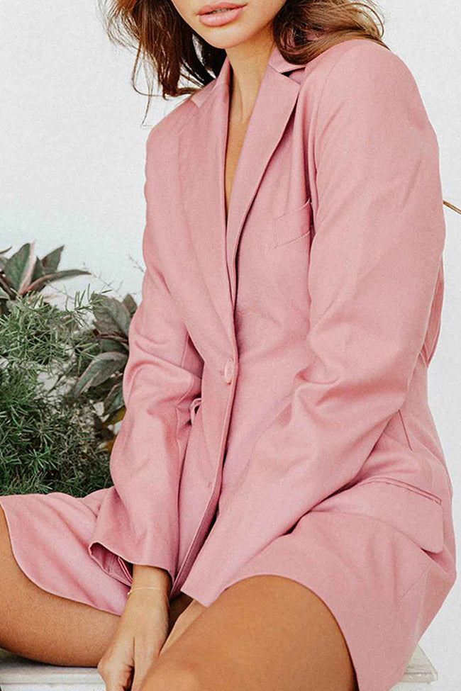 Long Sleeve Pleated Waist Lapel V Neck Mini Blazer Dress - Pink - Blazer - DYAVOR®