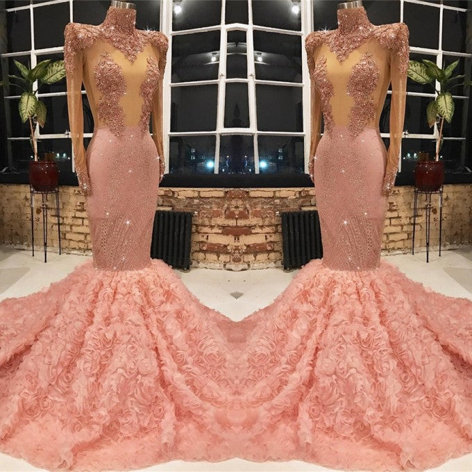 Long Sleeves Pink Prom Dress Mermaid Appliques With Flowers Bottom - Prom Dresses - DYAVOR®