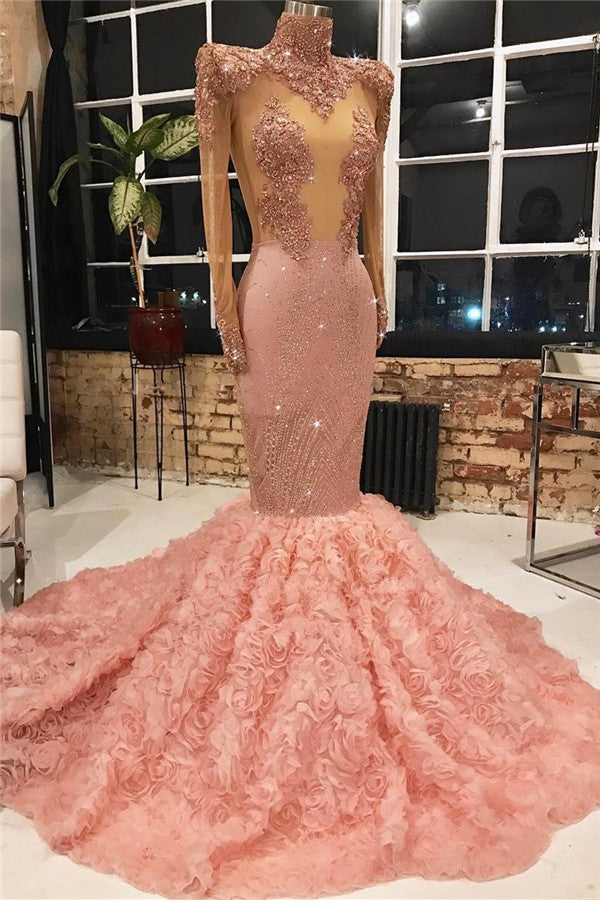 Long Sleeves Pink Prom Dress Mermaid Appliques With Flowers Bottom - Prom Dresses - DYAVOR®