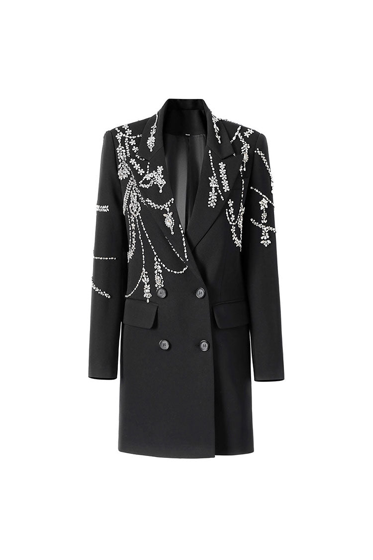 Luxury Crystal Lapel Shoulder Pad Long Sleeve Double Breasted Crepe Blazer - Blazers - DYAVOR®