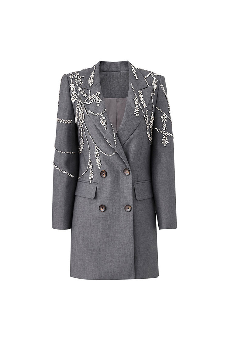 Luxury Crystal Lapel Shoulder Pad Long Sleeve Double Breasted Crepe Blazer - Blazers - DYAVOR®