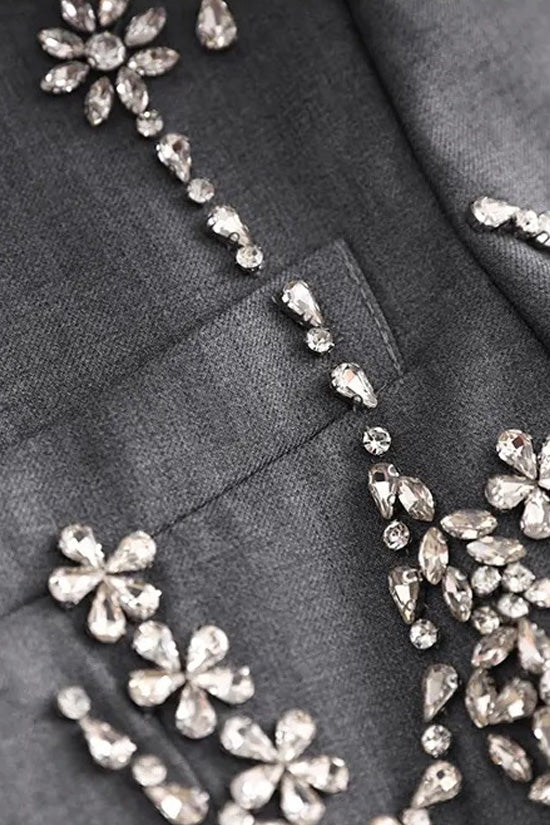Luxury Crystal Lapel Shoulder Pad Long Sleeve Double Breasted Crepe Blazer - Blazers - DYAVOR®