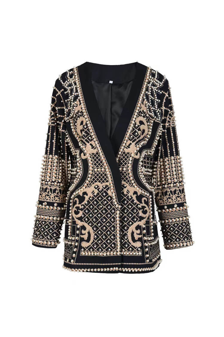 Luxury Faux Pearl Embellished Printed Plunge Shoulder Pad Party Blazer - Blazers - DYAVOR®