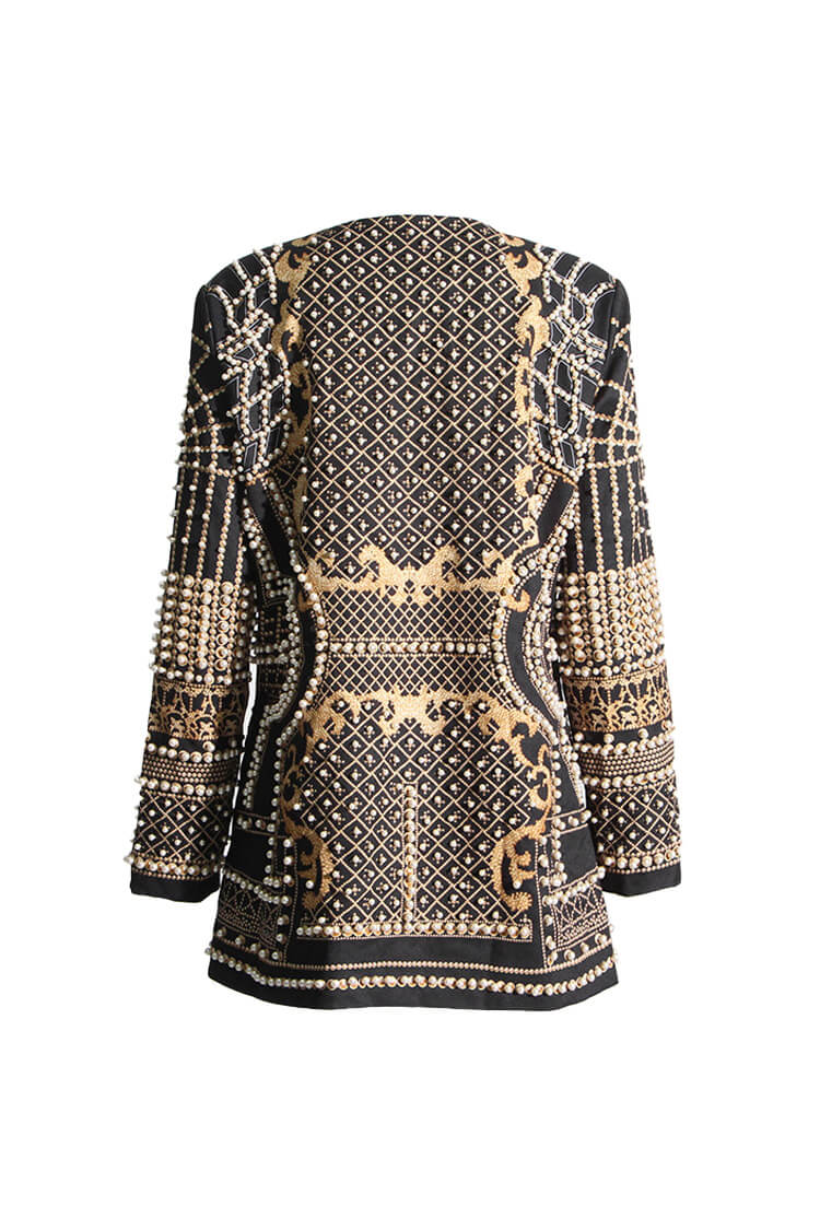Luxury Faux Pearl Embellished Printed Plunge Shoulder Pad Party Blazer - Blazers - DYAVOR®