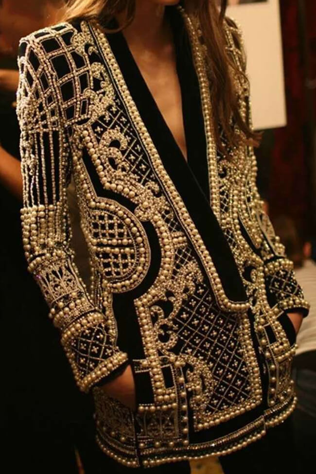 Luxury Faux Pearl Embellished Printed Plunge Shoulder Pad Party Blazer - Blazers - DYAVOR®