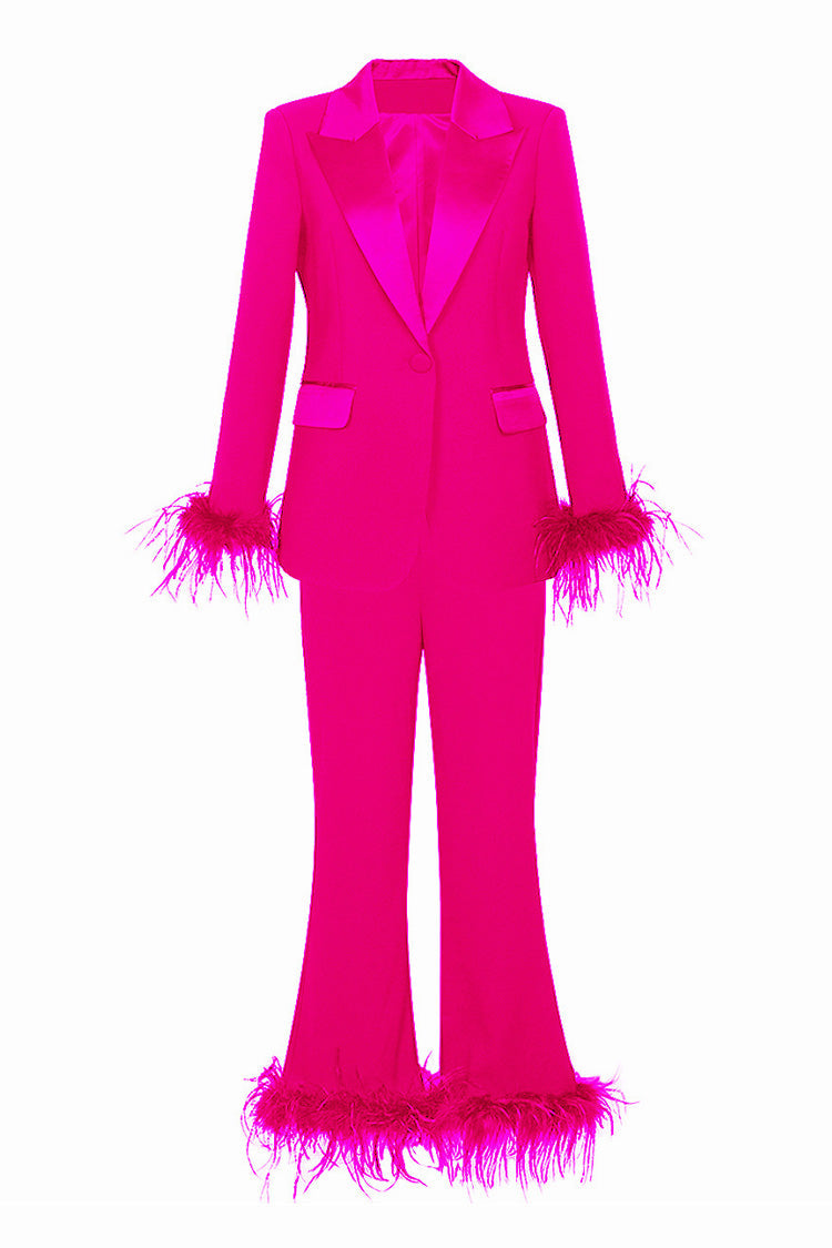 Luxury Feather Trim Cinch Waist Flared Leg Suit Pants Two Piece Blazer Set - Matching Sets - DYAVOR®