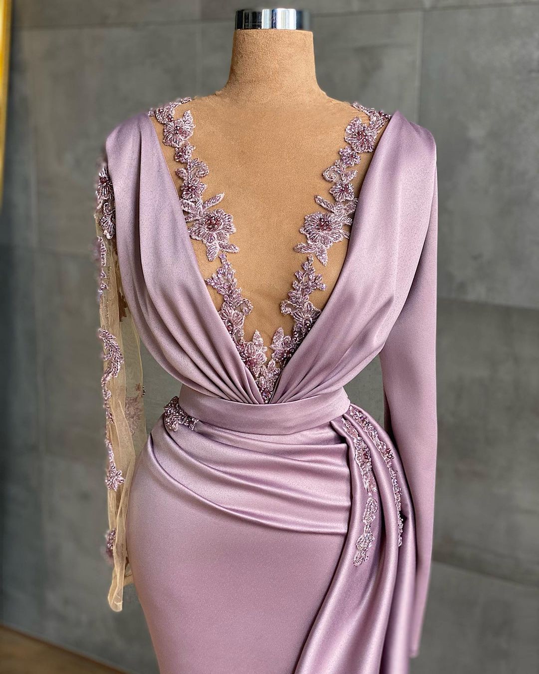 Luxury Floor-length Light Purple Ruffles Mermaid Prom Dresses With Long Sleeves - Prom Dresses - DYAVOR®