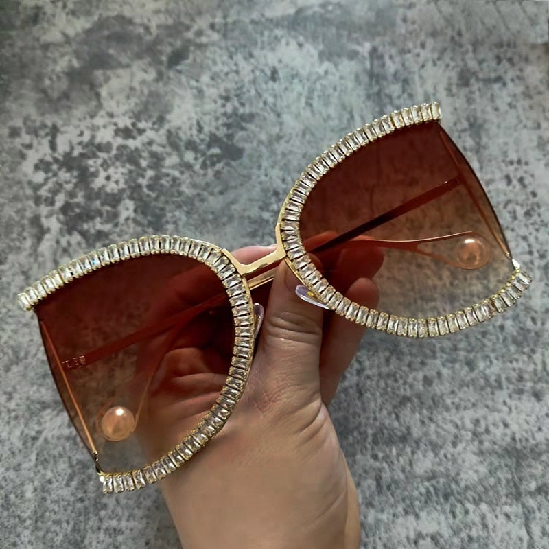 Women's Luxury Half Frame Rhinestone Oversized Shield Sunglasses - Women Sunglasses - DYAVOR®