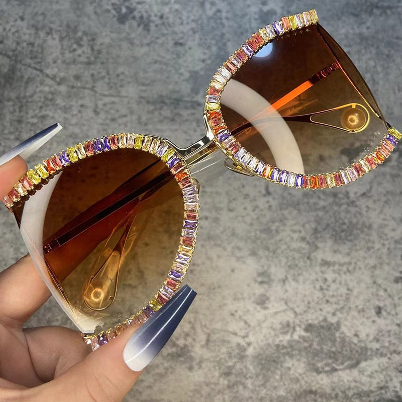 Women's Luxury Half Frame Rhinestone Oversized Shield Sunglasses - Women Sunglasses - DYAVOR®