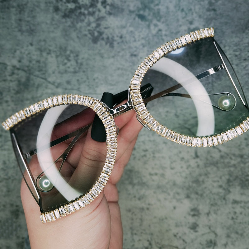 Women's Luxury Half Frame Rhinestone Oversized Shield Sunglasses - Women Sunglasses - DYAVOR®