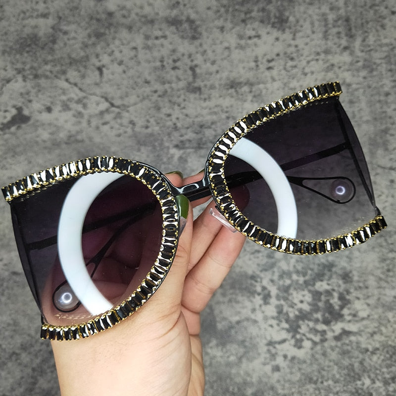 Women's Luxury Half Frame Rhinestone Oversized Shield Sunglasses - Women Sunglasses - DYAVOR®