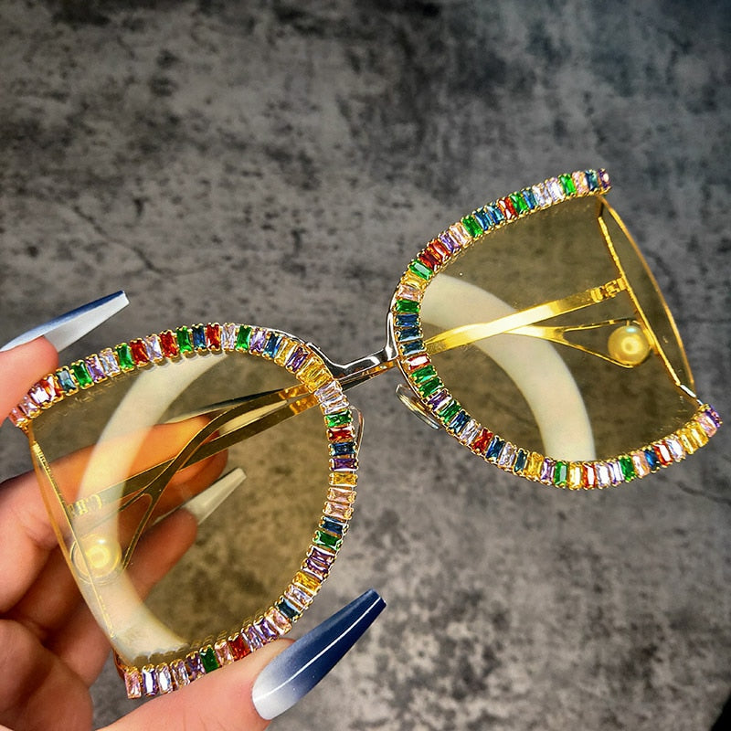 Women's Luxury Half Frame Rhinestone Oversized Shield Sunglasses - Women Sunglasses - DYAVOR®