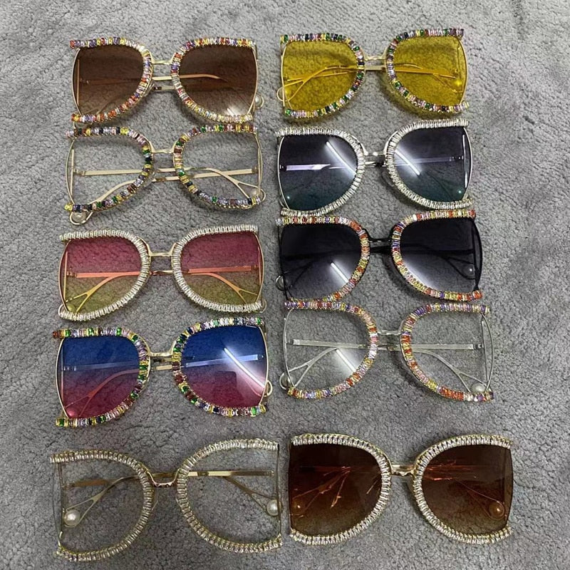 Women's Luxury Half Frame Rhinestone Oversized Shield Sunglasses - Women Sunglasses - DYAVOR®