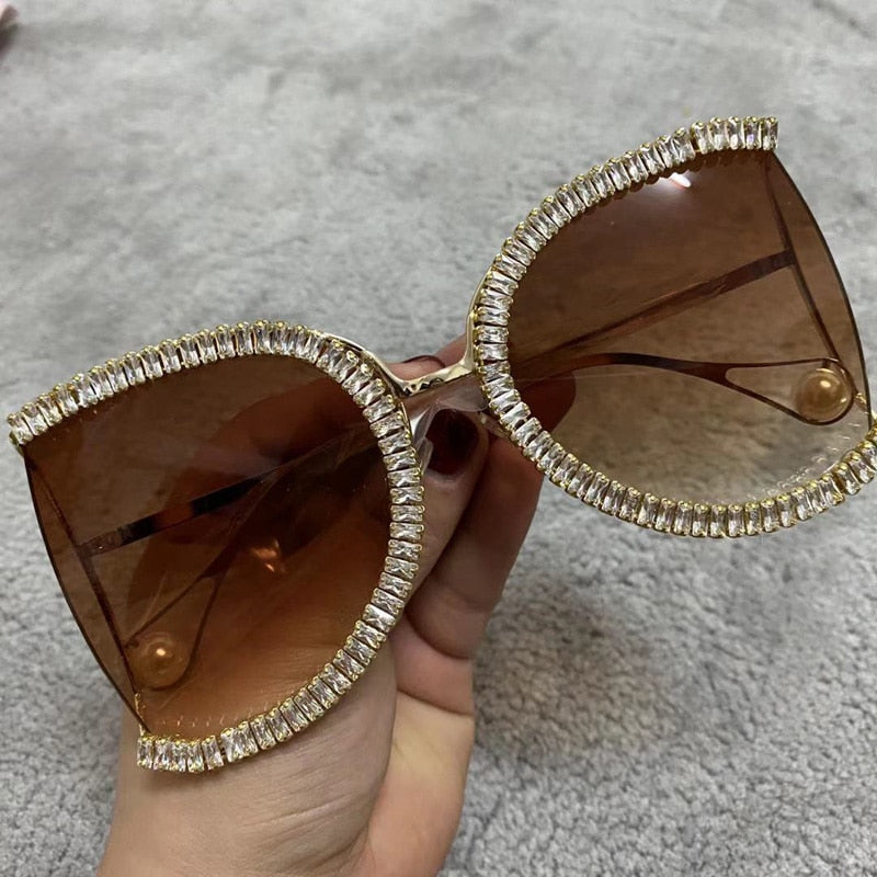 Women's Luxury Half Frame Rhinestone Oversized Shield Sunglasses - Women Sunglasses - DYAVOR®