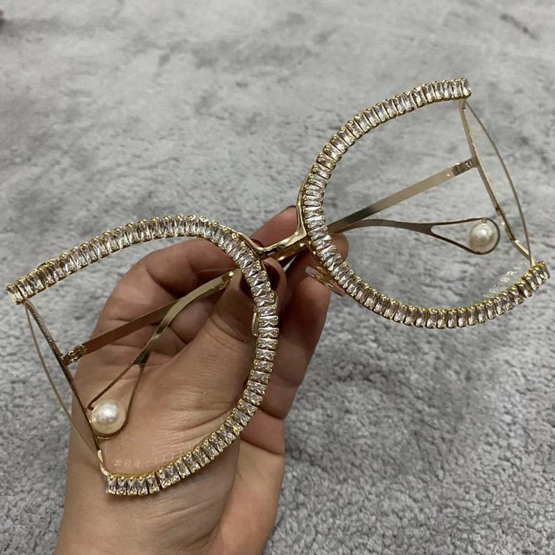 Women's Luxury Half Frame Rhinestone Oversized Shield Sunglasses - Women Sunglasses - DYAVOR®