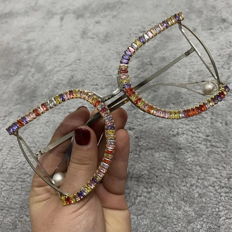 Women's Luxury Half Frame Rhinestone Oversized Shield Sunglasses - Women Sunglasses - DYAVOR®