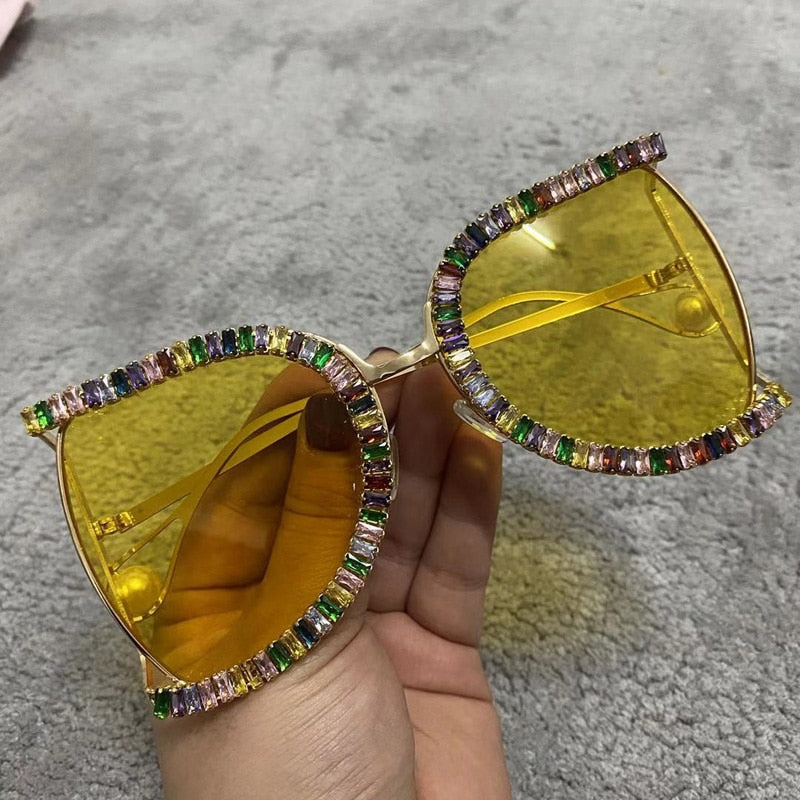 Women's Luxury Half Frame Rhinestone Oversized Shield Sunglasses - Women Sunglasses - DYAVOR®