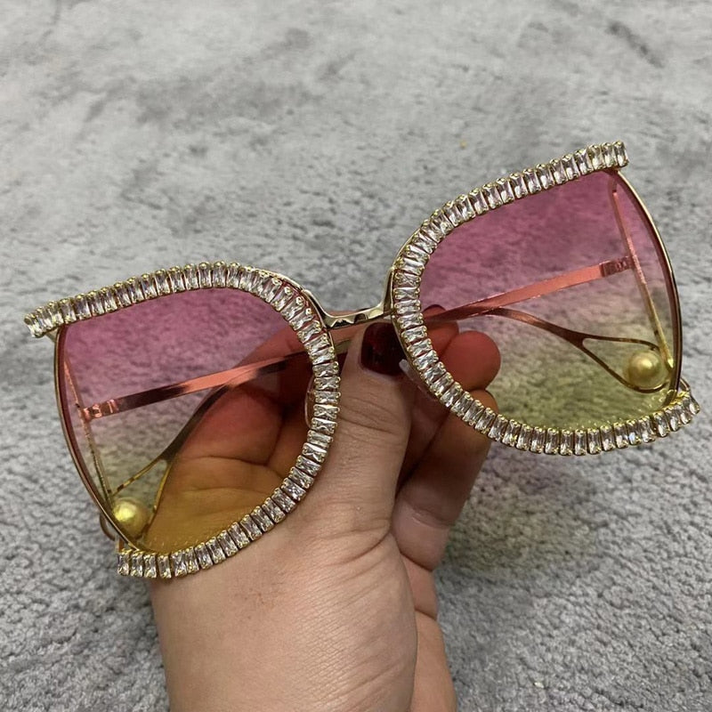 Women's Luxury Half Frame Rhinestone Oversized Shield Sunglasses - Women Sunglasses - DYAVOR®