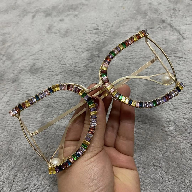 Women's Luxury Half Frame Rhinestone Oversized Shield Sunglasses - Women Sunglasses - DYAVOR®