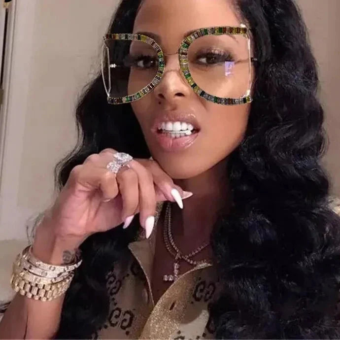 Women's Luxury Half Frame Rhinestone Oversized Shield Sunglasses - Women Sunglasses - DYAVOR®