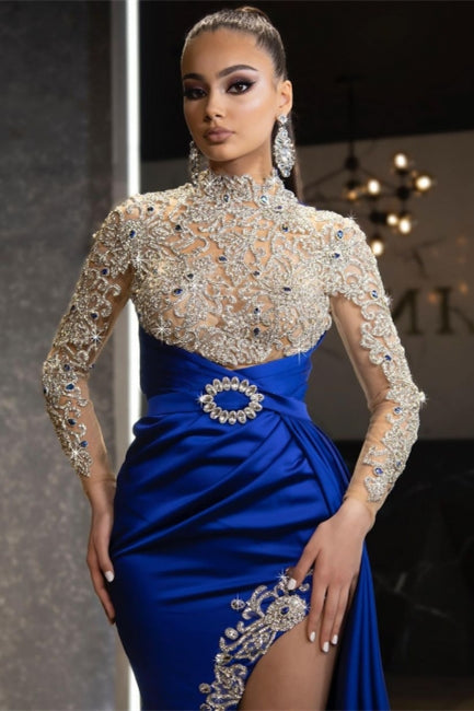 Luxury Halter Royal Blue Satin Mermaid Evening Maxi Dress Long Sleeves Crystals Gold Appliques Party Dress - Prom Dresses - DYAVOR®