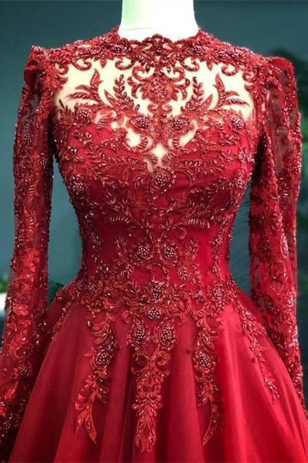 Luxury Red Evening Dresses With Sleeves Prom Dress with Lace - Prom Dresses - DYAVOR®
