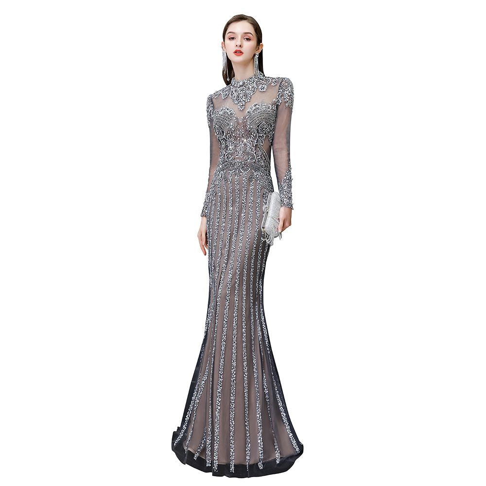 Luxury Sparkly beading High Neck Sheer Tulle Long Prom Dress - Prom Dresses - DYAVOR®