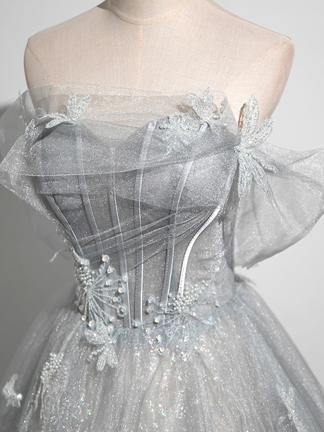 Tiana | Gray A-Line Off the Shoulder Tulle Prom Dress, Lovely Corset Floor Length Party Dress - Prom Dress - DYAVOR®