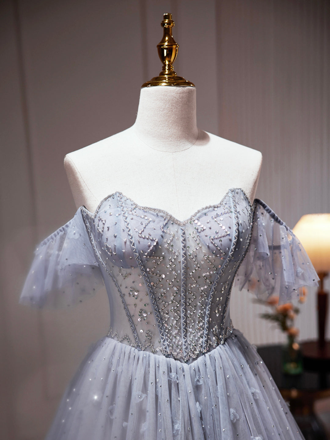 Yamileth | Gray Tulle Off Shoulder Beaded Party Dress, A-Line Tulle Formal Dress Prom Dress - Prom Dress - DYAVOR®
