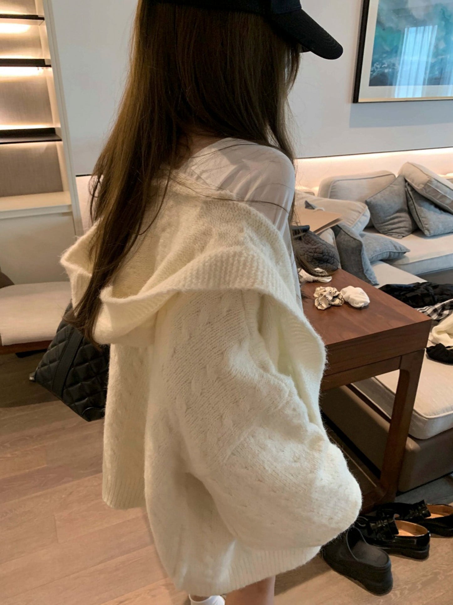 Hooded Twisted Loose Knit Cardigan for Women - Relaxed and Cozy Mid-Length Sweater Coat Gift for Her Christmas Gift - - DYAVOR®
