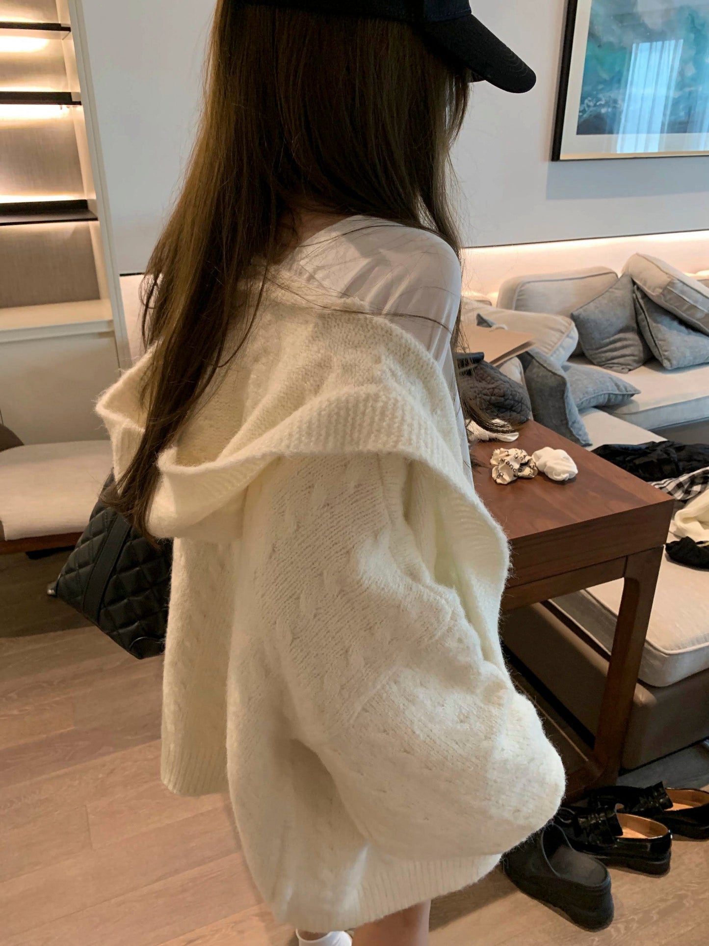 Hooded Twisted Loose Knit Cardigan for Women - Relaxed and Cozy Mid-Length Sweater Coat Gift for Her Christmas Gift - - DYAVOR®