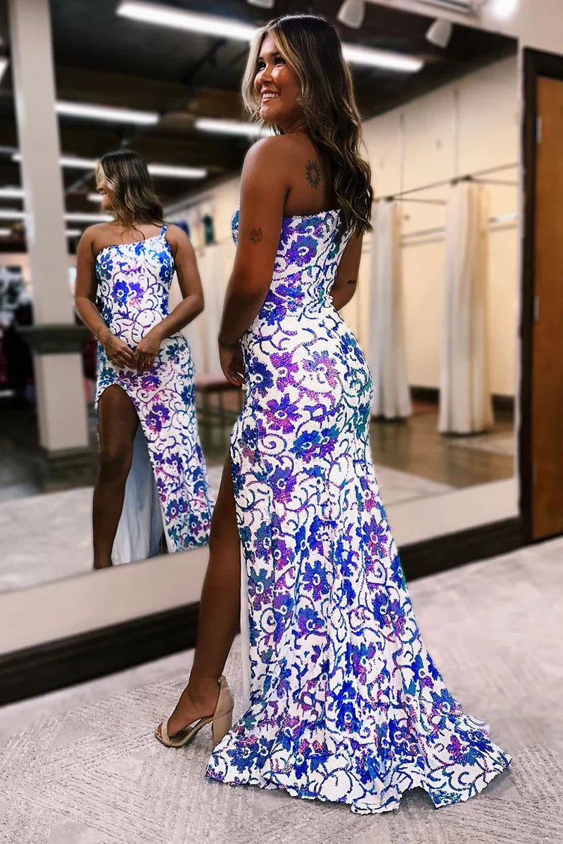 Mermaid One Shoulder Sequin Appliques Long Prom Dresses with Slit - Prom Dress - DYAVOR®