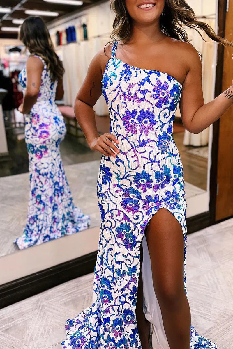 Mermaid One Shoulder Sequin Appliques Long Prom Dresses with Slit - Prom Dress - DYAVOR®