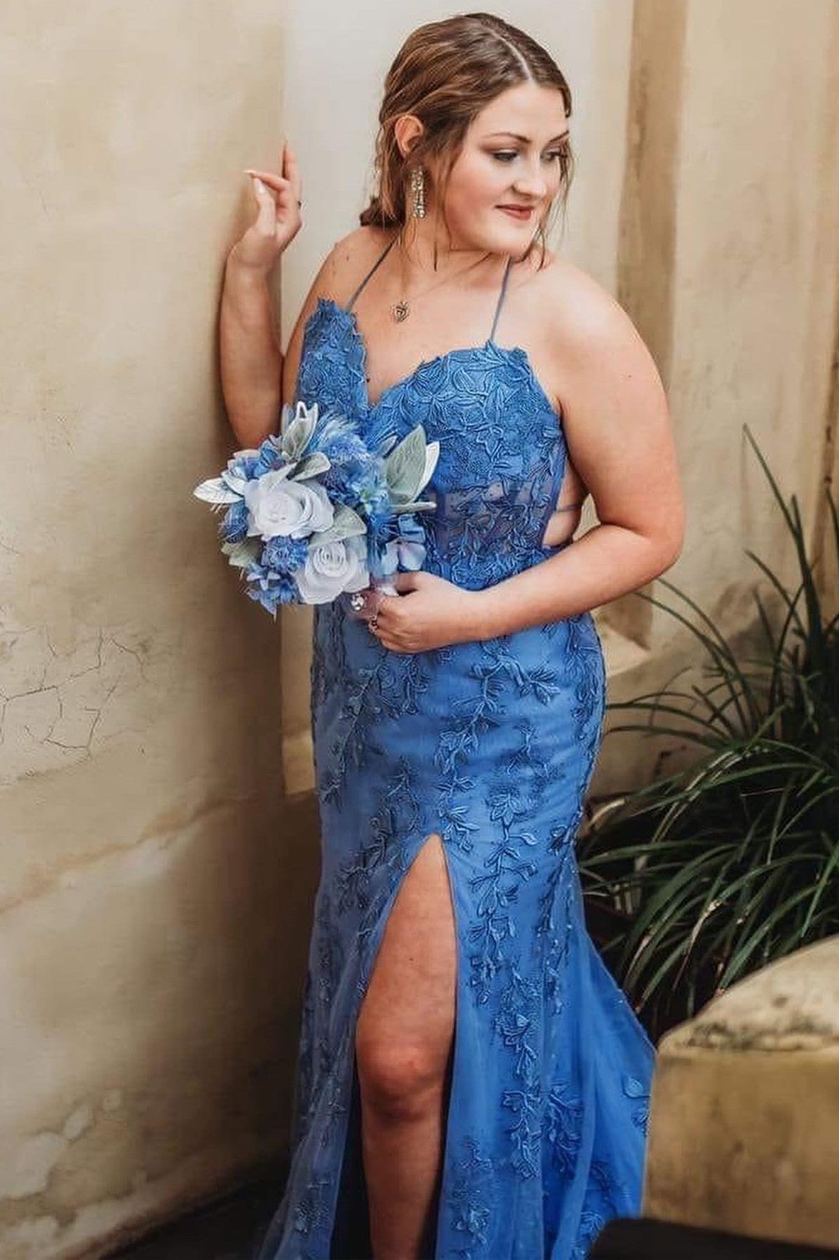 Mermaid Straps Royal Blue Slit Long Prom Dress with Appliques - Prom Dresses - DYAVOR®