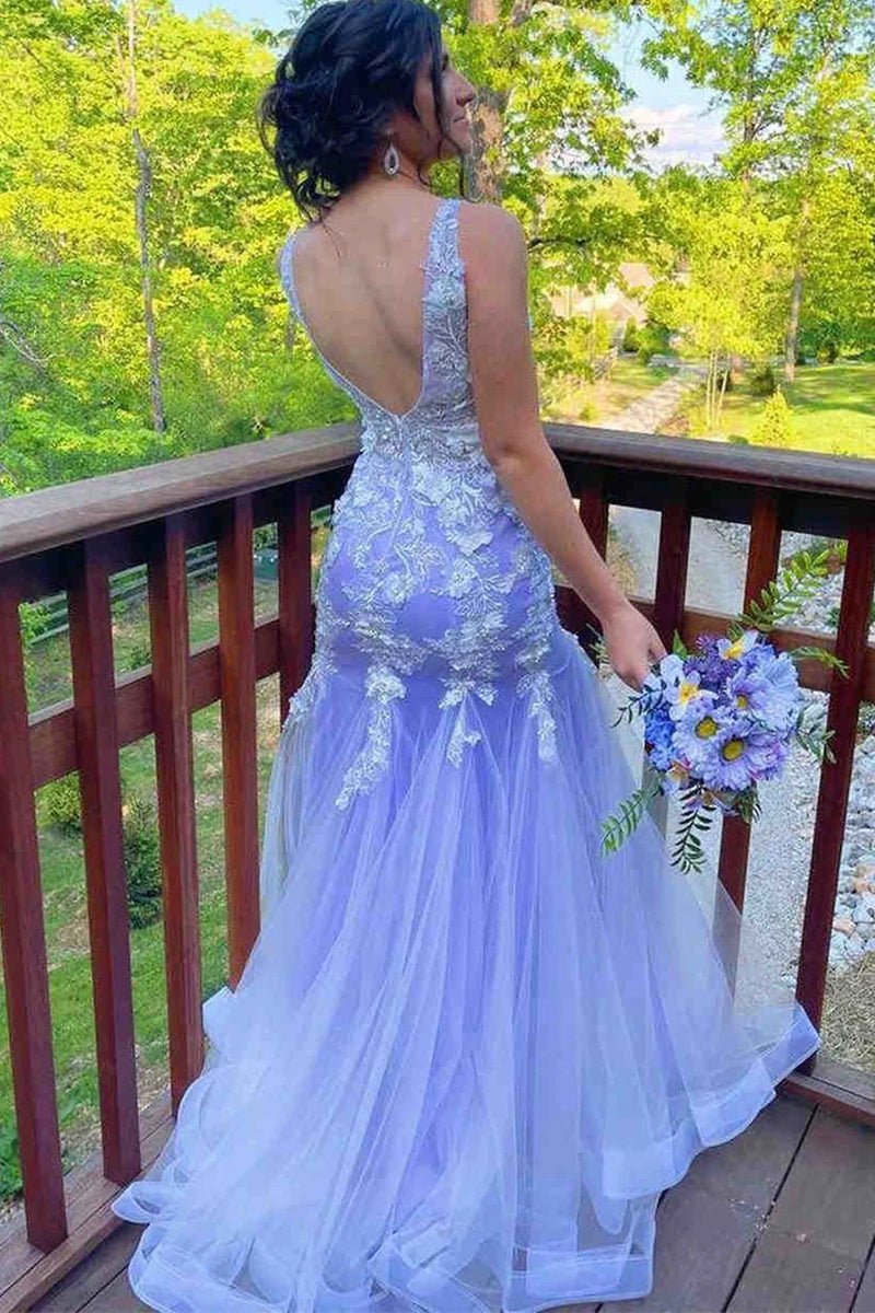 Kelsey | Mermaid Prom Dresses Floral Dress Formal Sweep Train Sleeveless V Neck Tulle with Ruffles Appliques - Prom Dress - DYAVOR®