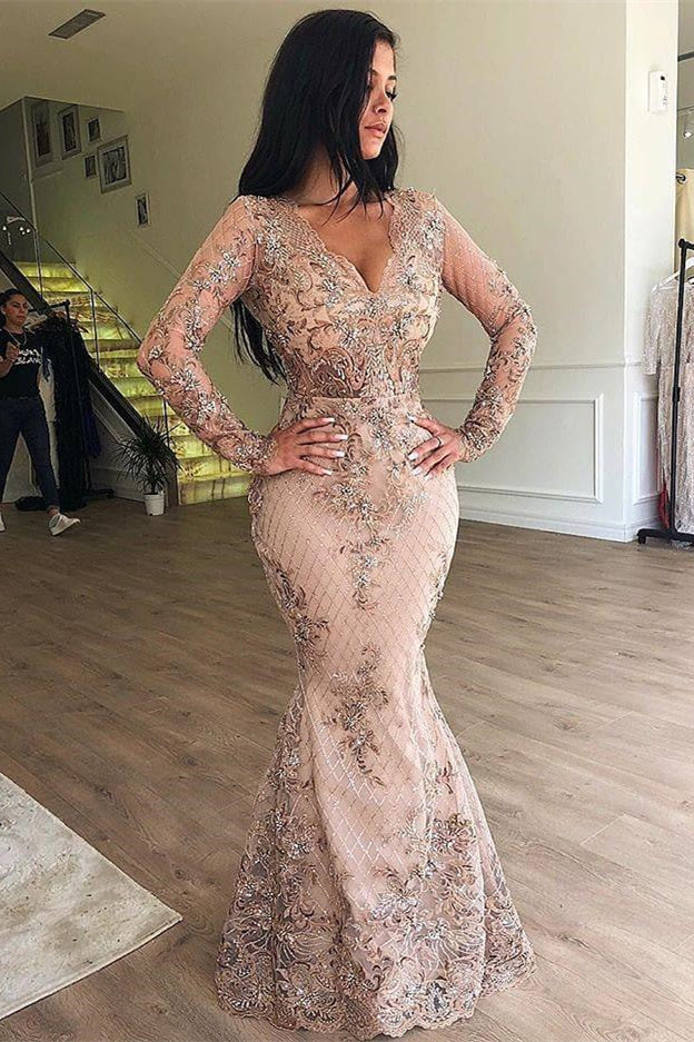 Mermaid V-neck Long Sleeves Appliqued Prom Dresses with Detachable Skirt - Prom Dresses - DYAVOR®