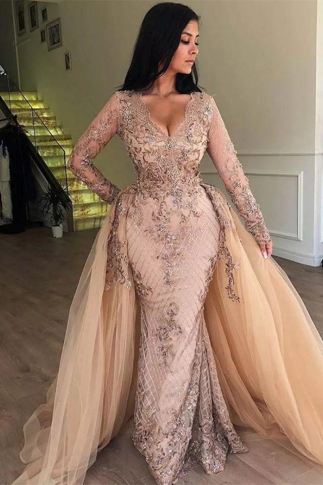 Mermaid V-neck Long Sleeves Appliqued Prom Dresses with Detachable Skirt - Prom Dresses - DYAVOR®