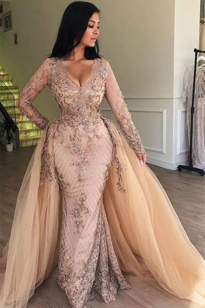 Mermaid V-neck Long Sleeves Appliqued Prom Dresses with Detachable Skirt - Prom Dresses - DYAVOR®