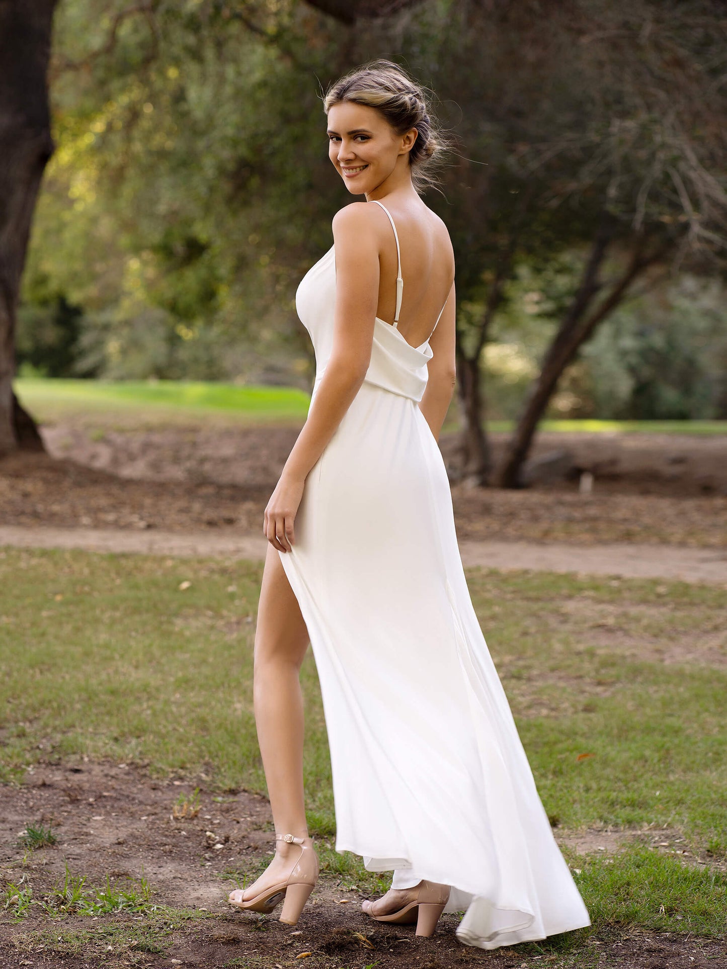 Ivory Spaghetti Straps Slip Bridesmaid Dress with Open Back and Slit - Prom Dresses - DYAVOR®