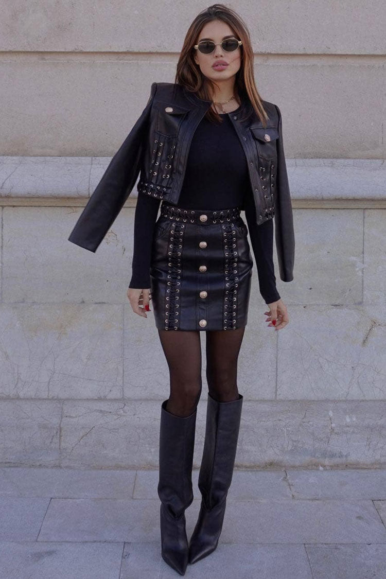 Military Eyelash Detailed Crop Vegan Leather Jacket Two Piece Mini Dress - Black - Two Piece - DYAVOR®