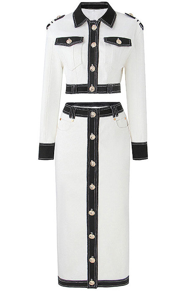Military Metal Button Contrast Denim Jacket Midi Skirt Two Piece Dress - White - Two Piece - DYAVOR®