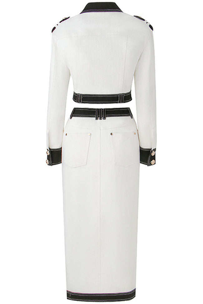 Military Metal Button Contrast Denim Jacket Midi Skirt Two Piece Dress - White - Two Piece - DYAVOR®